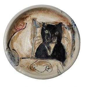 Vtg Kitty Cat Pottery Plate Dish Signed Textured Bowl Fish Mouse Paws Indent